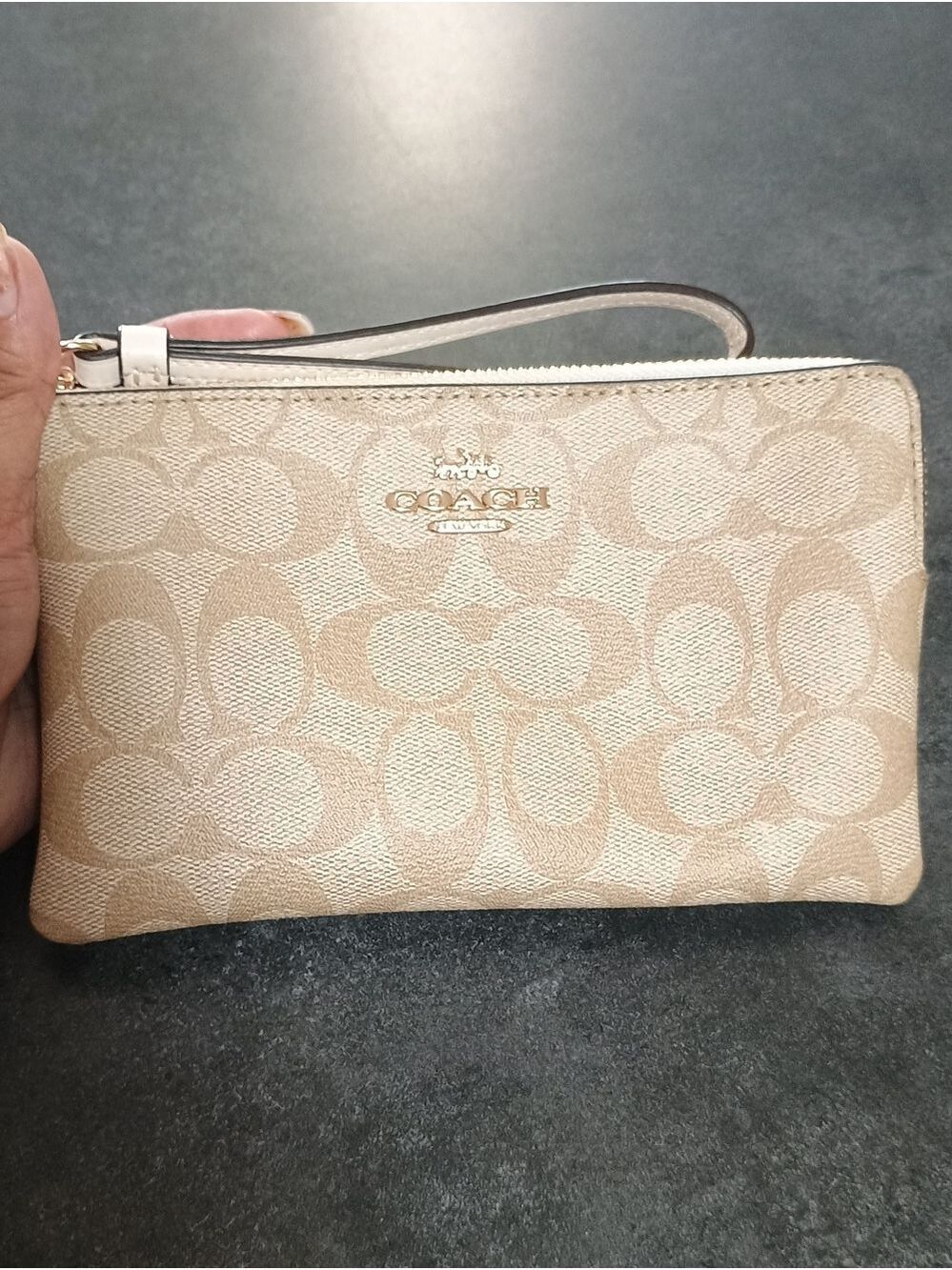 Coach Signature Beige and Cream Wristlet Clutch